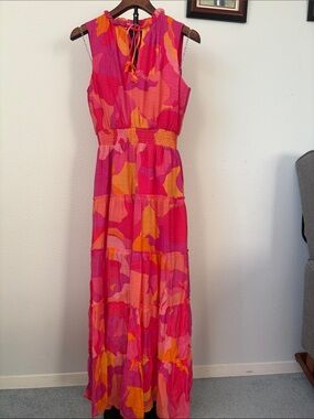 MSK Hot Pink & Orange Tie-Neck Smocked Waist Maxi Dress